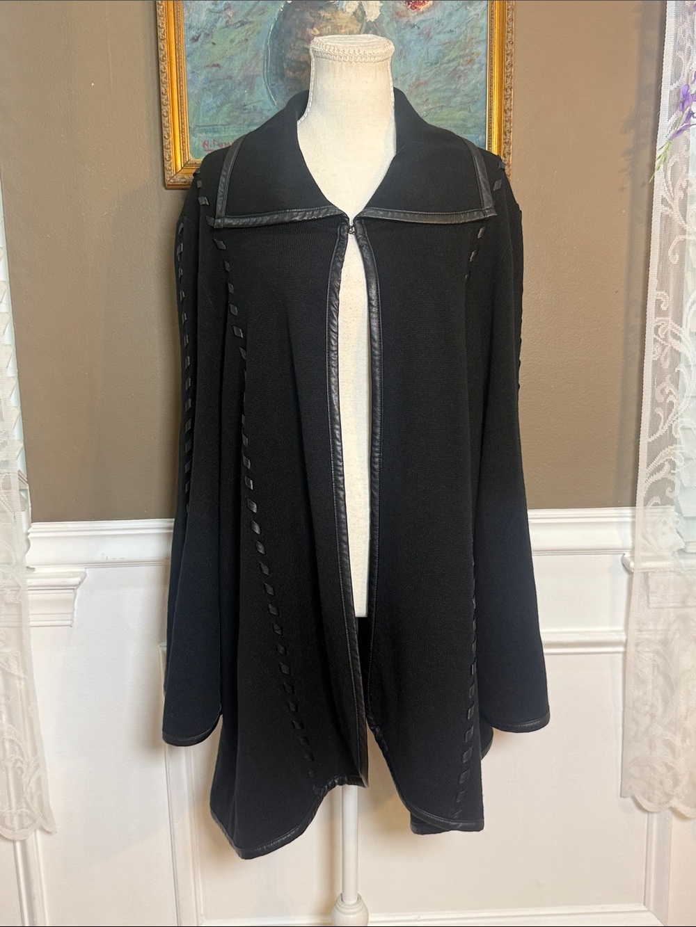 Patricia Nash M/L Black Hand-Laced Cape Faux Leather Trim Poncho